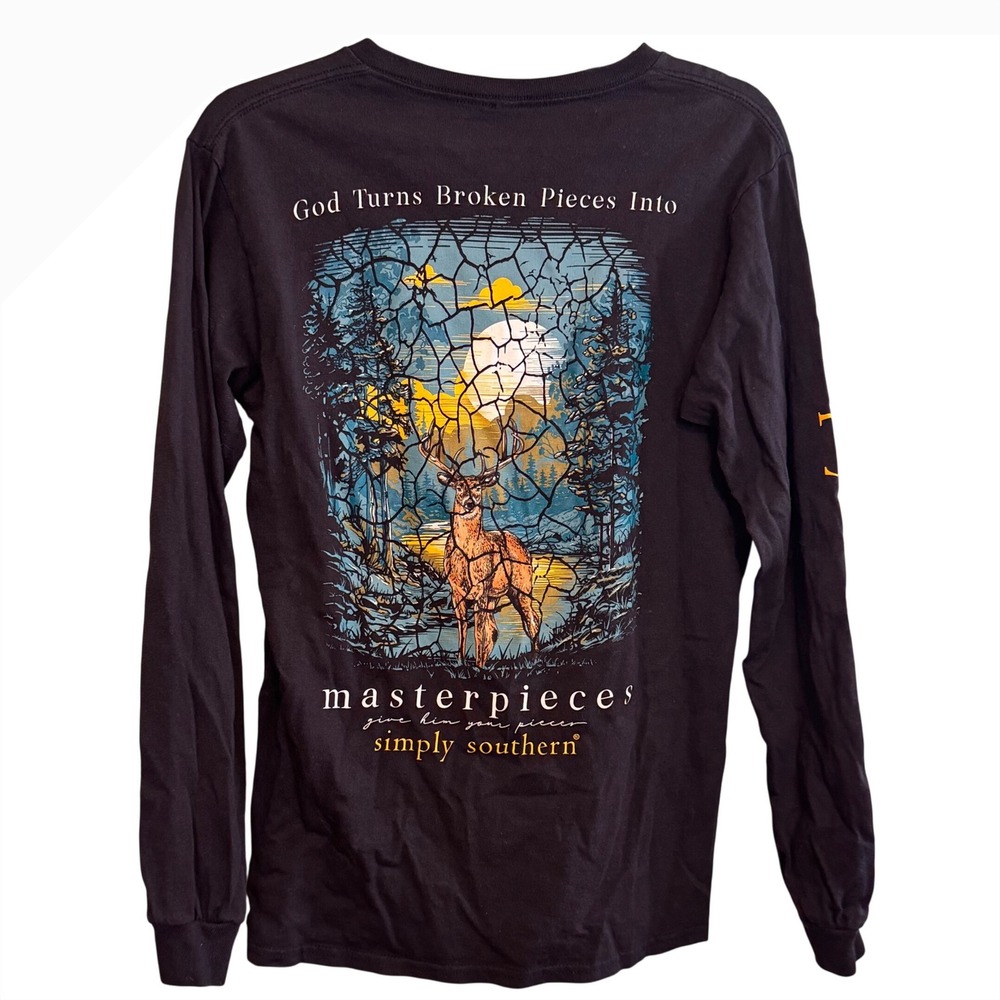 Simply Southern Mens Small Black Long Sleeve Graphic Tee Stained Glass‎ Cross